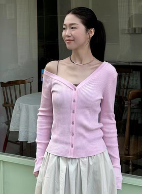 LOOSINGWHITE设计师品牌2025春秋新款纯天丝修身解构针织衫粉黑色