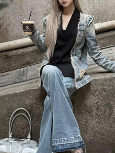 外套女 JacFLeurant春秋做旧脏洗牛仔毛边拼接西装 吴谨言同款