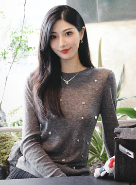 LOOSINGWHITE设计师品牌2024春秋新款亮片纯羊毛针织衫上衣长衫女