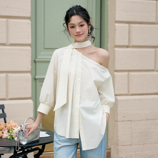 天丝棉混纺质感上衣甜美女装 YEESIN设计师2025春夏不对称露肩衬衫