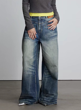 JAC FLEURANT2025秋冬新品蓝色水洗侧边立体褶裥休闲长裤阔腿裤女