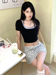 【吉娜同款】JacFLeurant24夏缎面假两件芭蕾辣妹风短袖T恤上衣女