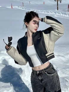 JacFLeurant复古黑白拼色休闲棒球皮夹克外套上衣 吴谨言同款