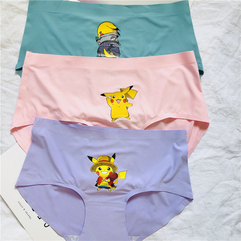 3条皮卡丘女士三角内裤冰丝卡通印花可爱一片式无痕三角内裤少女