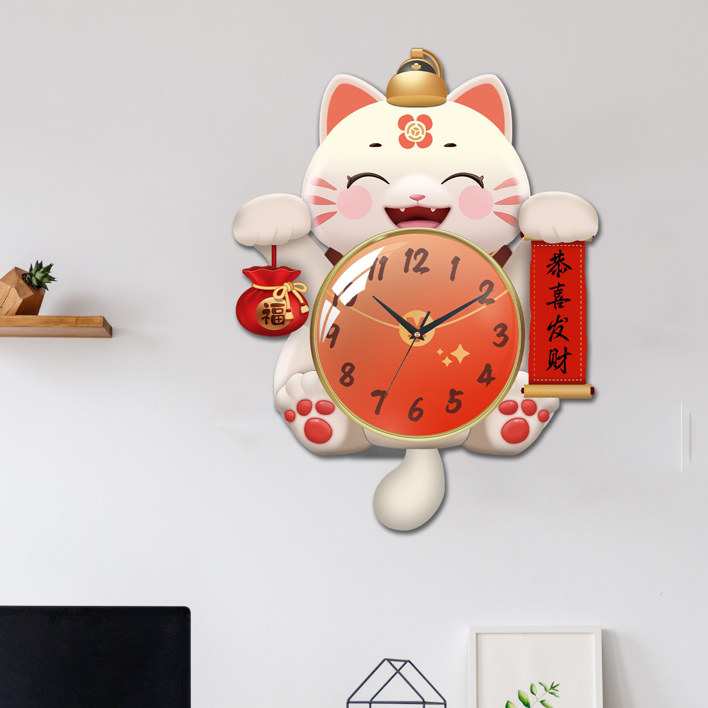 2026招财猫钟表挂钟客厅新款网红简约创意大气家用装饰静音壁挂钟