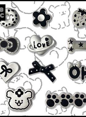 US8ACC黑银线条卡通小狗蝴蝶结甜甜圈骨头适配Crocs鞋花洞洞鞋扣