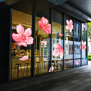 春天桃花玻璃贴超大开春布置氛围装饰珠宝金店服装店花朵窗贴