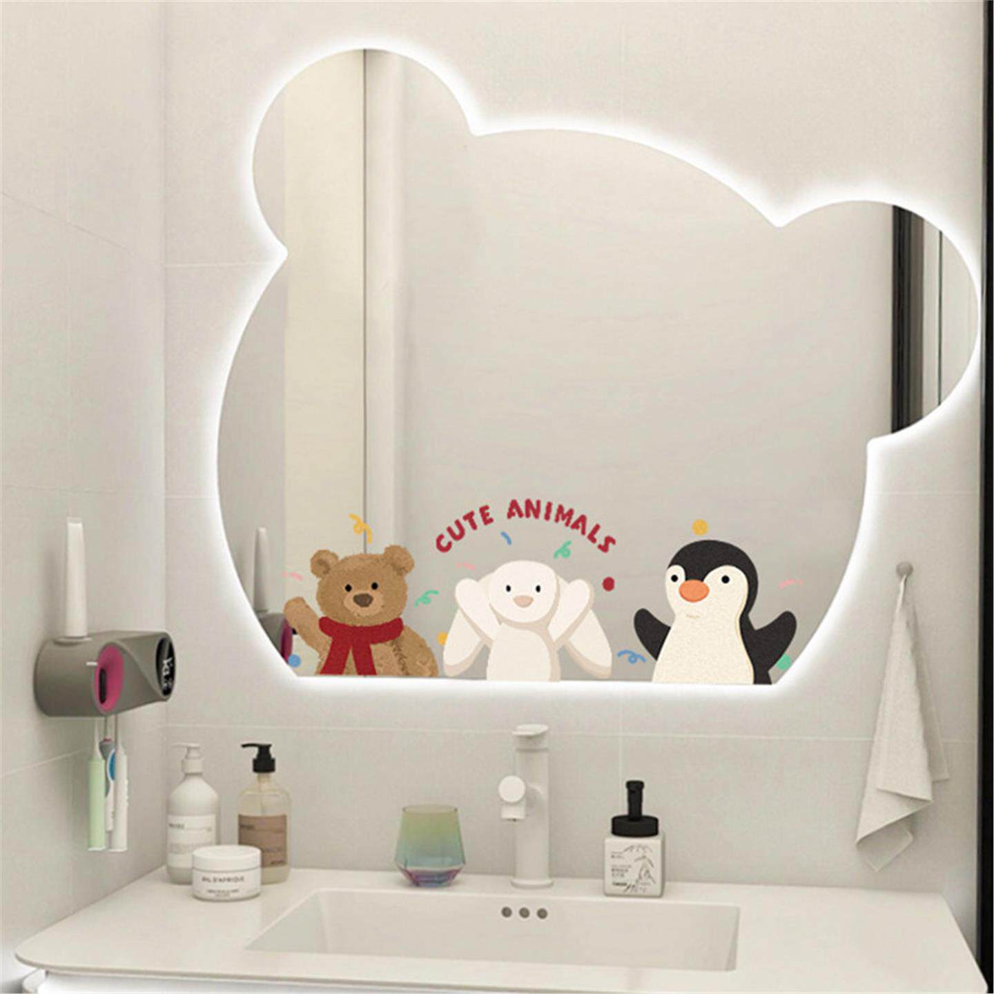 萌系风格卡通可爱动物镜子贴纸儿童浴室装饰贴膜卫生间镜面贴画