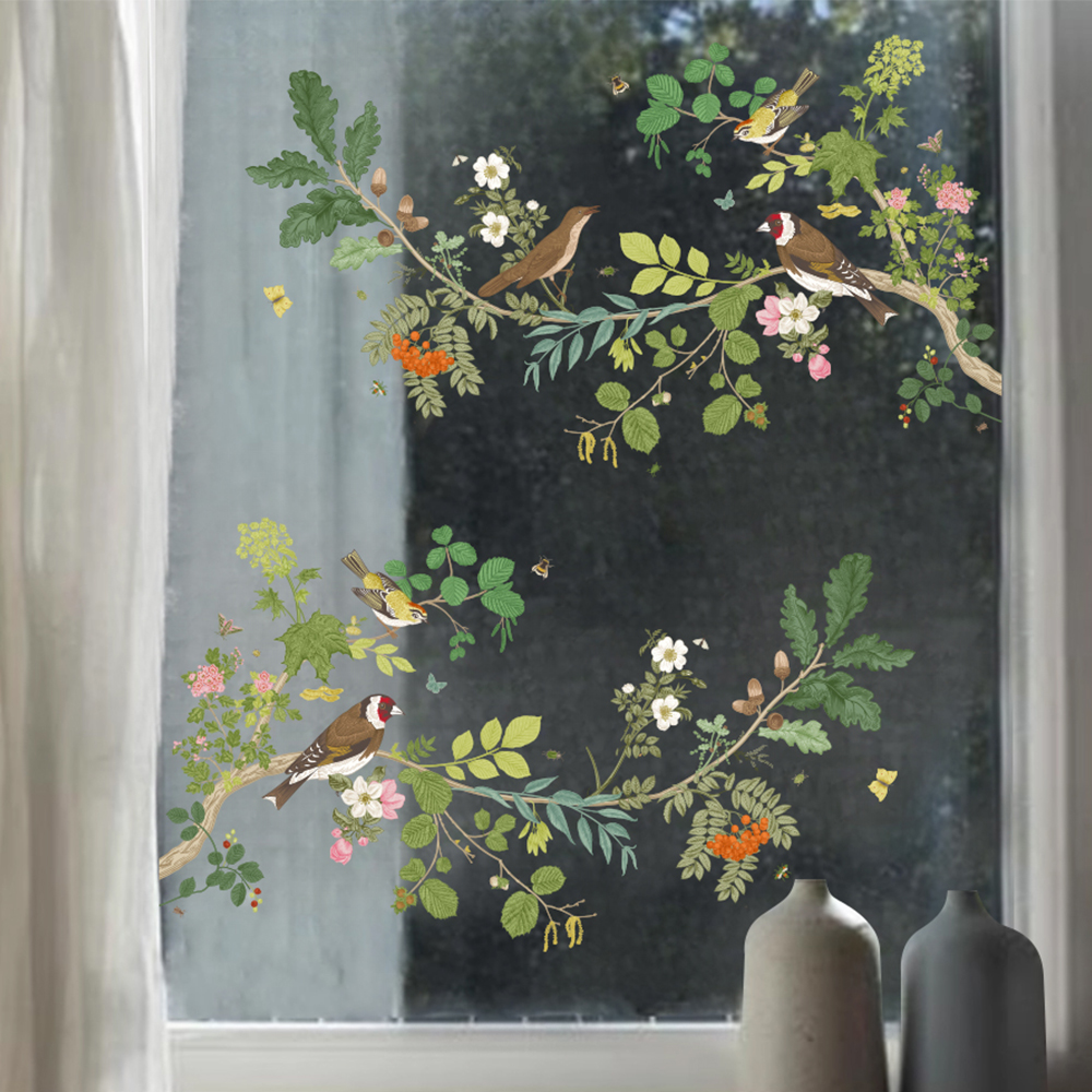 田园花朵鸟儿窗贴双面玻璃贴纸装饰美化玻璃贴膜无胶镜子窗花