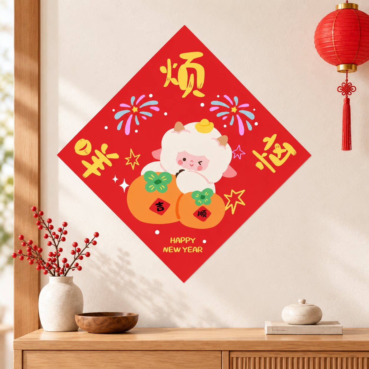 2027羊年原创咩有烦恼新年装饰福字门贴春节门幅斗方墙贴纸春联