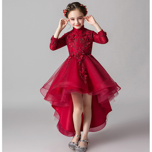 女童礼服2025新款主持人秋季红色钢琴考级圆锁拖尾儿童公主裙洋气