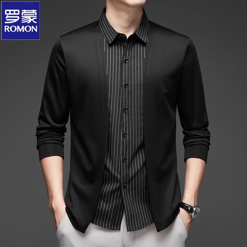 Romon/罗蒙假两件衬衫男长袖t恤2025新款秋季中年爸爸装上衣潮
