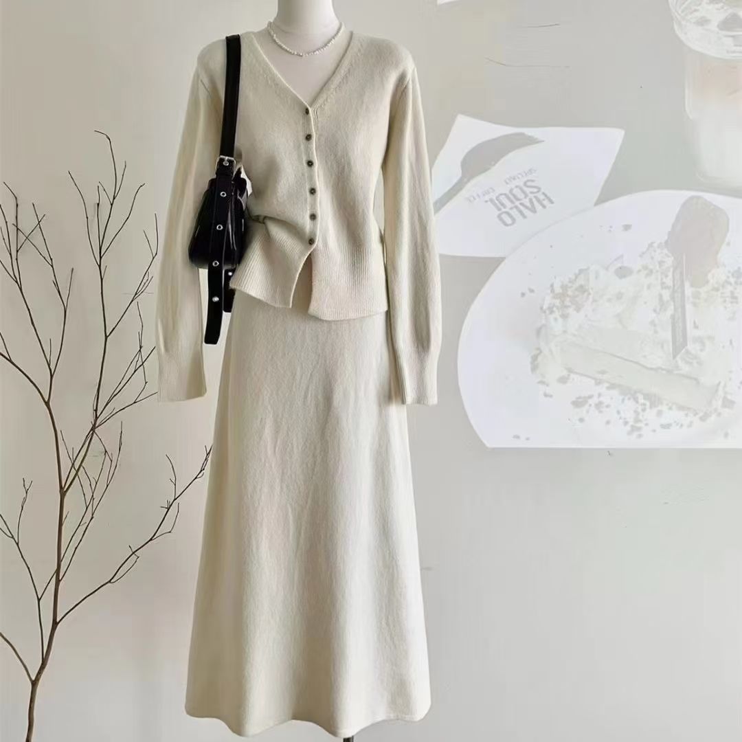 气质香风针织开衫两件套新款半身裙长裙毛衣套装米白色黑色深灰色