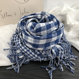 日系文艺百搭蓝白色灰色纯棉格子围巾男女秋冬季学生护颈保暖围脖