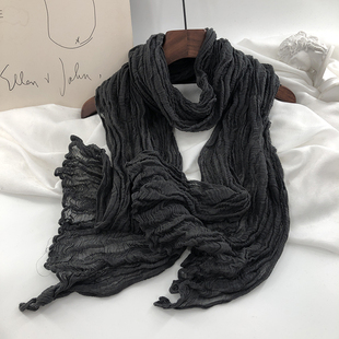 日系夏季复古长款窄版薄款褶皱棉麻围巾男女春秋薄款纯色护颈围脖