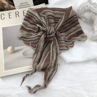 民族风复古条纹棉麻三角巾女丝巾叠穿腰封护颈小领巾旅游装饰头巾