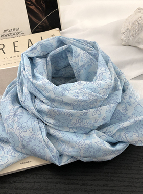 日系小清新纯棉蓝色领巾女薄围巾