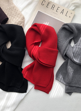 兔绒感窄版毛线针织大红色灰色黑色男士小围巾女冬季短款保暖围脖