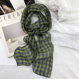100%亚麻绿色格子长条领巾女丝巾夏秋薄长款蝴蝶结飘带配裙子腰带