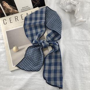 复古文艺100%棉蓝色格子长条领巾女春夏丝巾学院风短款飘带绑发带