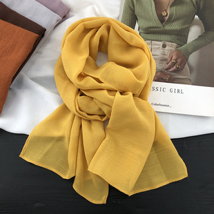森系文艺窄版黄色黑色棉麻围巾女薄款短款护颈遮阳丝巾配裙子衬衫