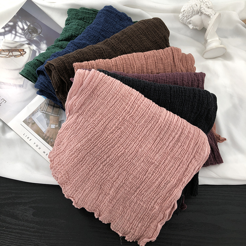 高档复古文艺褶皱苎麻围巾女春秋