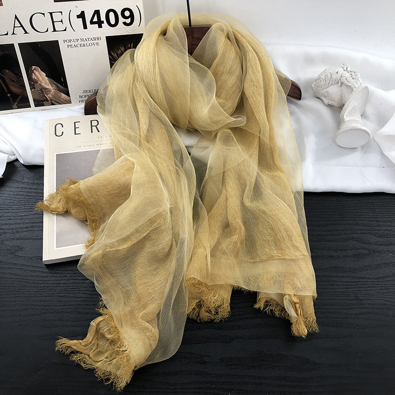 复古文艺黄色双层真丝棉纱巾女春夏空调房护颈披肩丝巾遮阳包头巾