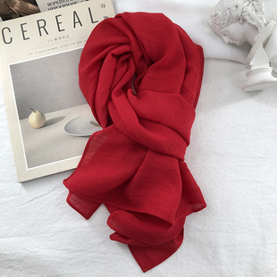 森系喜庆新年大红色短款棉麻围巾男女薄款春秋冬季护颈保暖小围脖