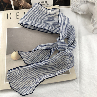 复古文艺蓝色条纹亚麻小丝巾女领巾夏季薄款配裙子长条飘带绑发带