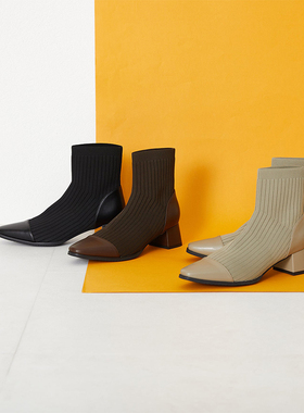 ORiental TRaffic日系新款秋冬瘦瘦弹力靴方跟短筒时尚尖头靴子女