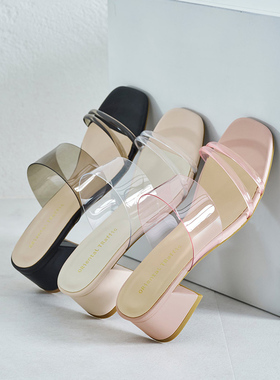 ORiental TRaffic日系夏季马蹄跟时尚方跟一字带凉拖鞋女夏