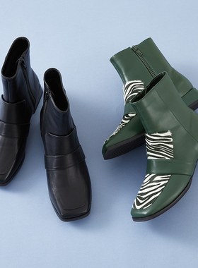 ORiental TRaffi秋冬斑马纹马蹄方跟百搭短筒粗跟靴子女