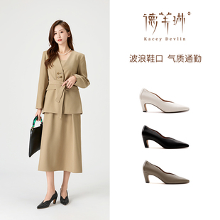 德芙琳鹿皮高跟鞋 KD4006 波浪口气质女神浅口尖头粗跟真皮鞋