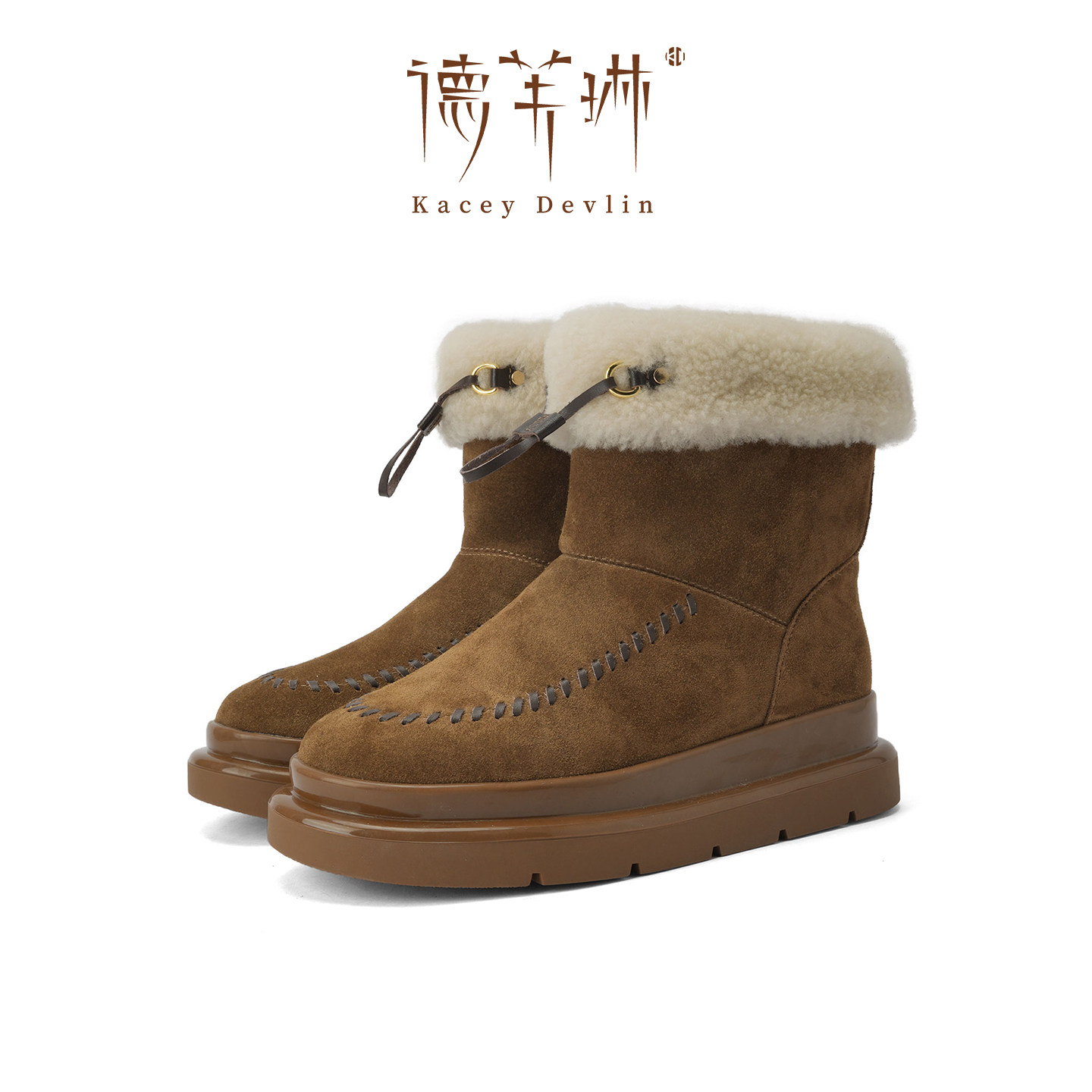 德芙琳外翻羊羔毛牛反绒雪地靴女士冬季保暖加绒短靴毛毛靴松糕靴