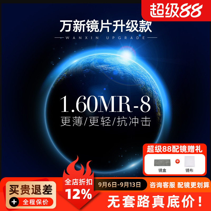 万新镜片MR-8超韧1.60树脂非球面防蓝光镜片网上配镜实体同款近视