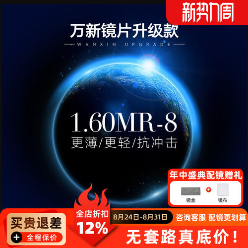 万新镜片MR-8超韧1.60树脂非球面防蓝光镜片网上配镜实体同款近视