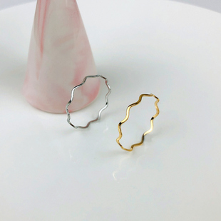 弯曲波浪镀14k黄金色戒指女轻奢高级感冷淡风大码不掉色食指细款