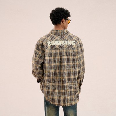 【AK刘彰同款】88rising 美式潮流泼墨格子撞色字母印花条纹衬衫