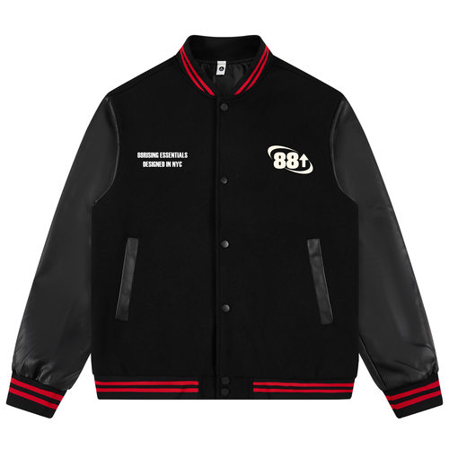 88rising美式潮牌撞色呢皮拼接字母LOGO印花外套飞行员夹克棒球服