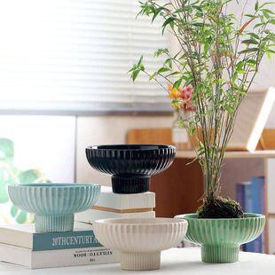 创意苔藓球托盘花盆陶瓷盆中式 佛手柑摆件水培米竹菖蒲干果盆器