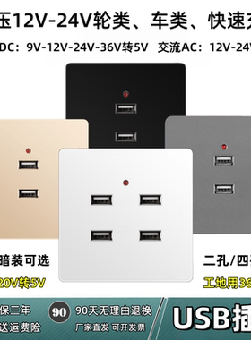 86型二四孔低压usb插座面板12v4V36明装两位USB船车家用220v转5伏