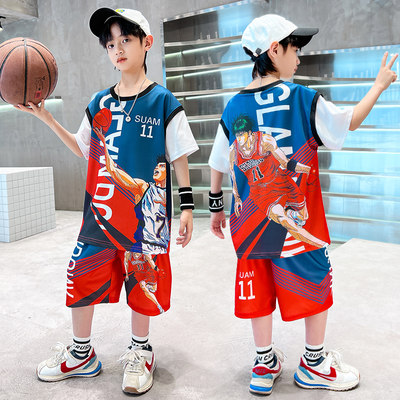 男童运动速干篮球服短袖假两件套