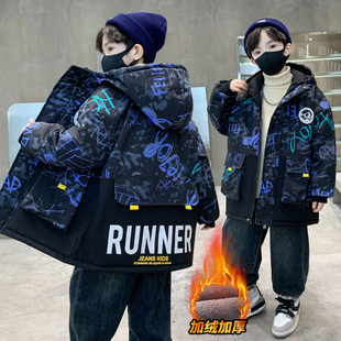 加绒加厚保暖连帽棉衣 中大童男孩秋冬季 男大童冬装 派克服2025新款