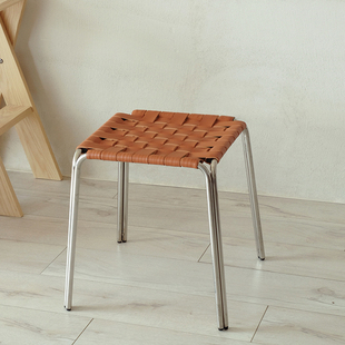 树 去向中古风矮凳北欧复古不锈钢金属编织方凳可叠放家用小凳子