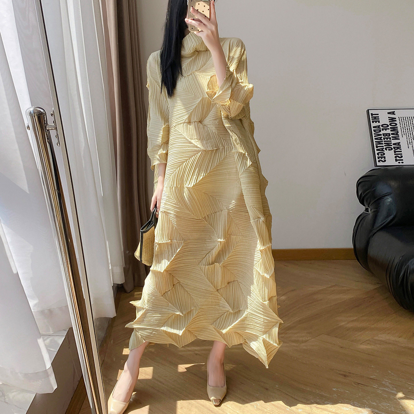 三宅风褶皱连衣裙女钻石长款宽松大码妈妈装立体不规则百褶裙子潮