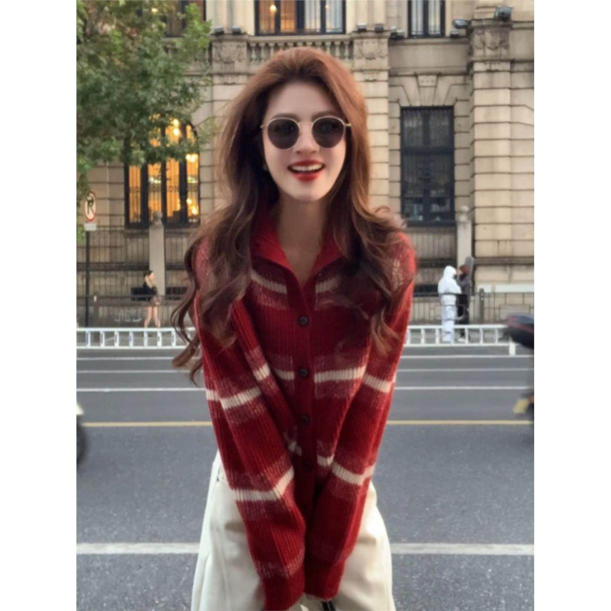 圣诞节氛围感穿搭新年红色费尔岛条纹毛衣开衫女秋冬宽松针织外套,女装/女士精品,毛衣,淘宝优惠券,粉丝福利购,淘宝优惠卷