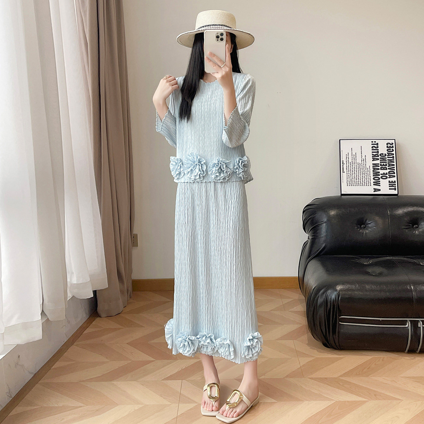 三宅风紫色立体花褶皱套装女 收腰显瘦气质大摆半身裙两件套