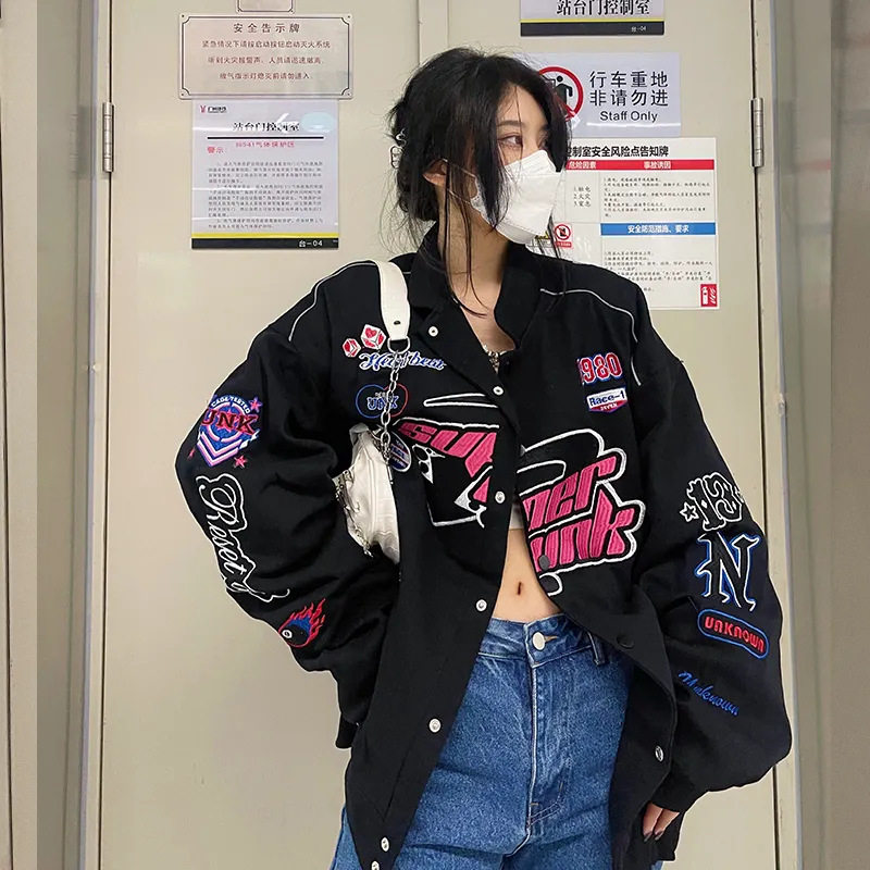 美式赛车服加厚棒球服女装秋冬新款复古宽松遮肉印花夹克机车外套