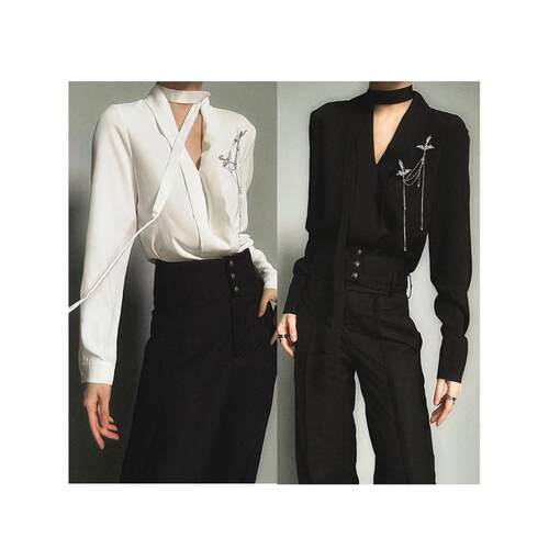 ASAE飘带衬衫V领黑白色