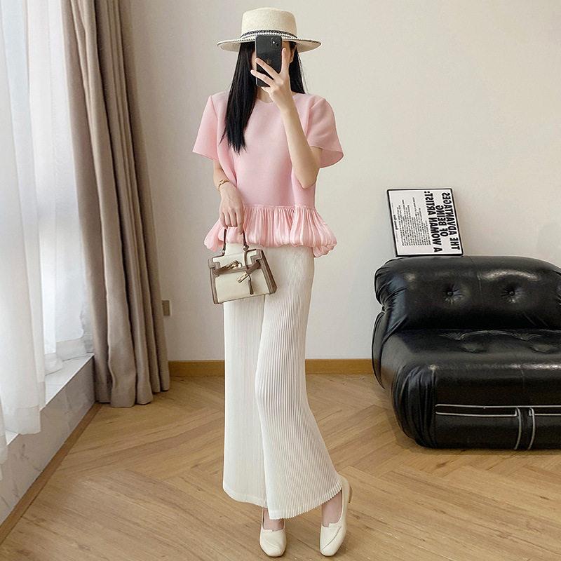 三宅风褶皱上衣2025夏季新款宽松显瘦花边短袖t恤女装衣服薄